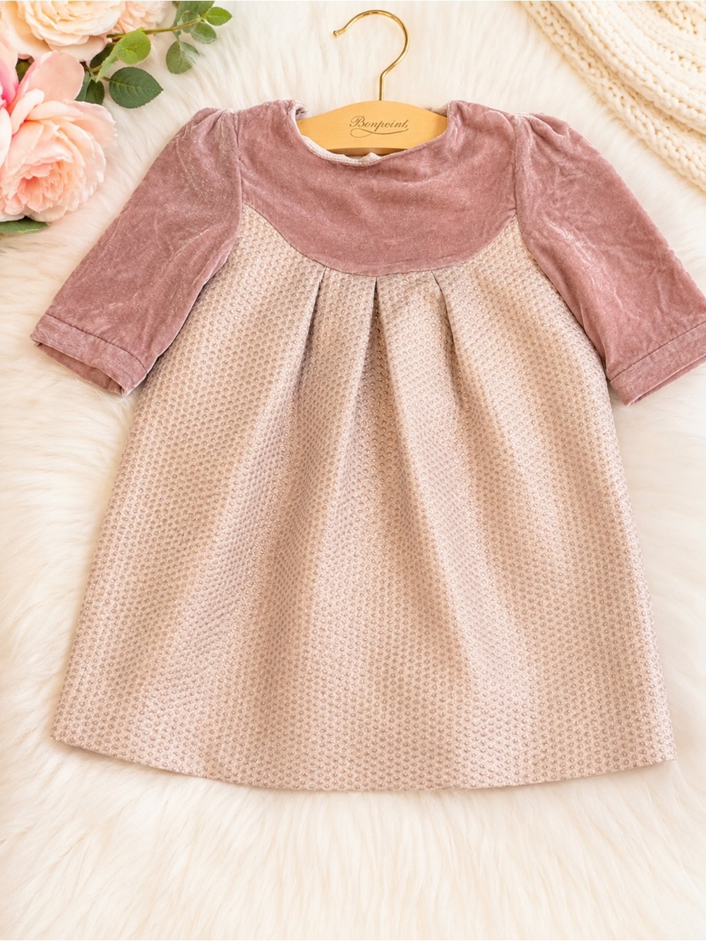 Bonpoint Pink Velvet Yoke Textured Dress